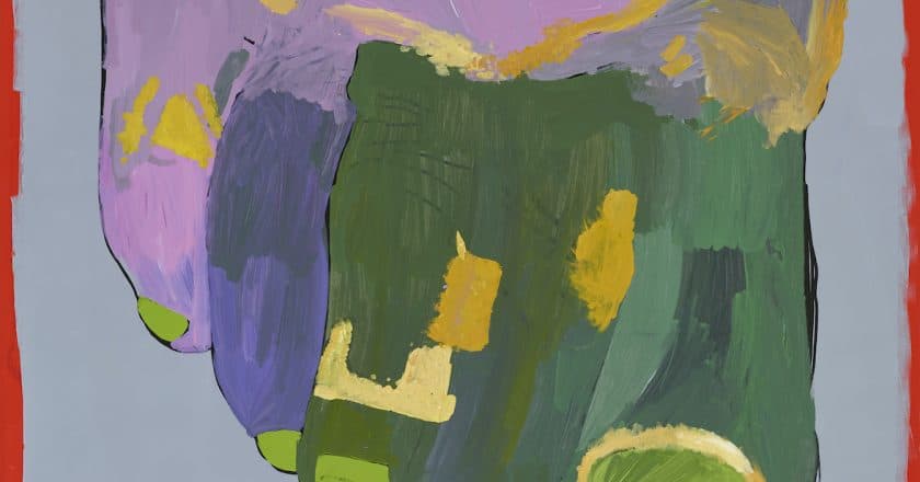 A painting of the top of a foot. The colours are green, purple and yellow.