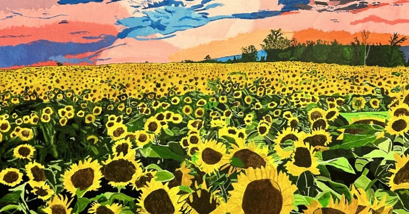 A painting of a field full of sunflowers in vibrant yellow and green. Above the sky is also full of colour in what looks like a summers evening.