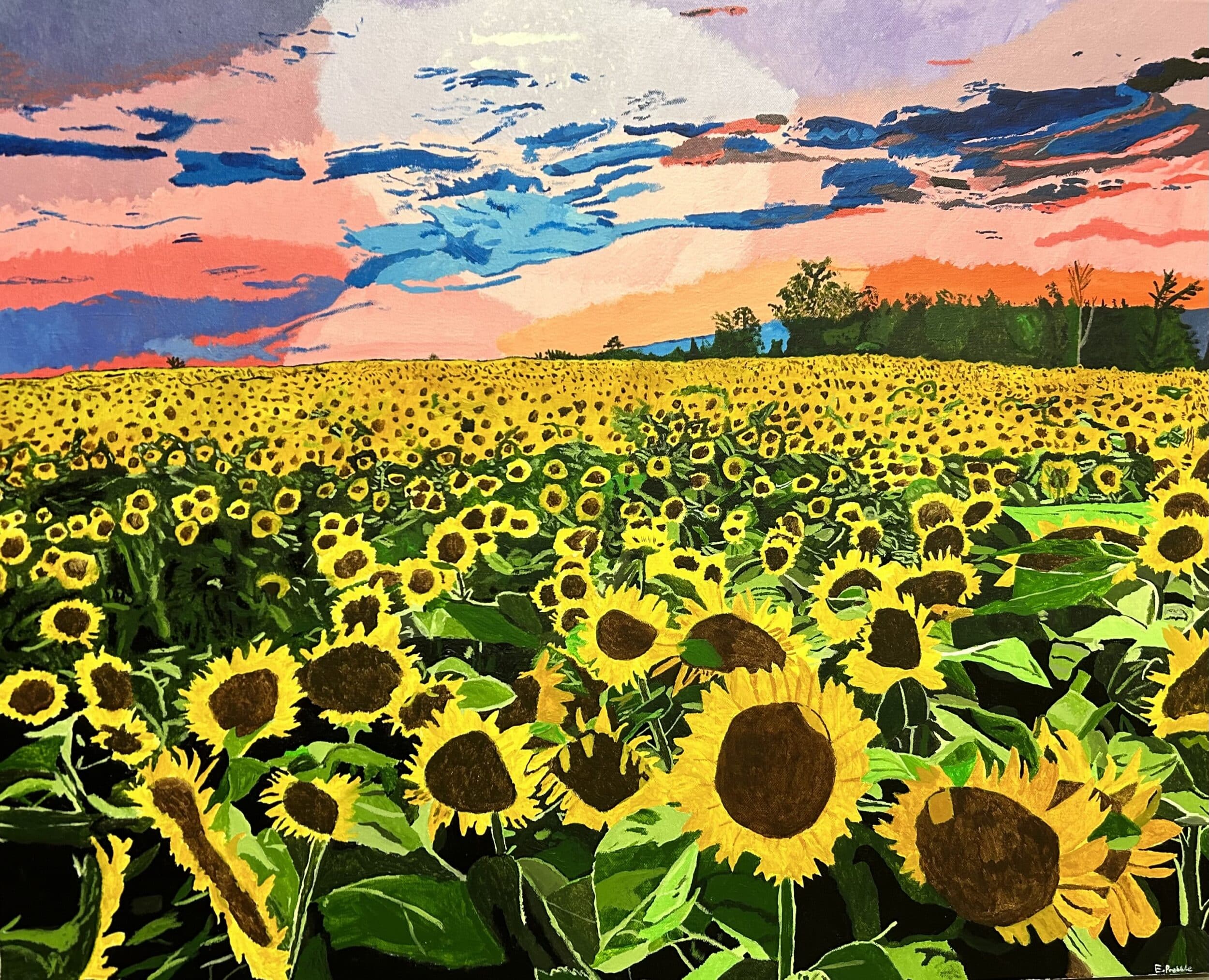 A painting of a field full of sunflowers in vibrant yellow and green. Above the sky is also full of colour in what looks like a summers evening. 