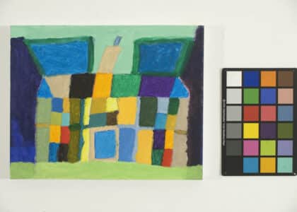 A painting by artist Albert Geere. The painting Showa an abtract image of a house. The whole painting is made with blocks of bright colours. Lots of blue, green, orange and two small red rectangles. This is a photograph of the painting and to the right is a photographers colour swatch.