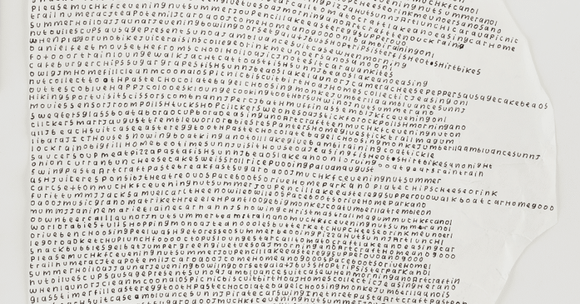 Rows of letters cover a large piece of white parer. Carl Sexton piece is called Untitled and was made in 2016. It is only black pen on paper. The lines of letters are tightly packed and curve slightly to the write. As you look closely you can start to make out individual words like evening, summer, breakfast, time, park, home, clickers. As you look even closer you can see some of these words are repeated.