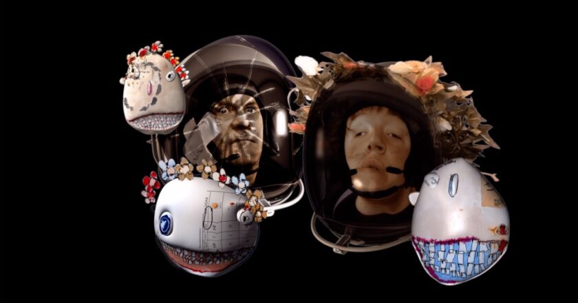 The Tell-Tale Rooms - Eden and Andrew Kötting wear space helmets and are surrounded by illustrated heads.