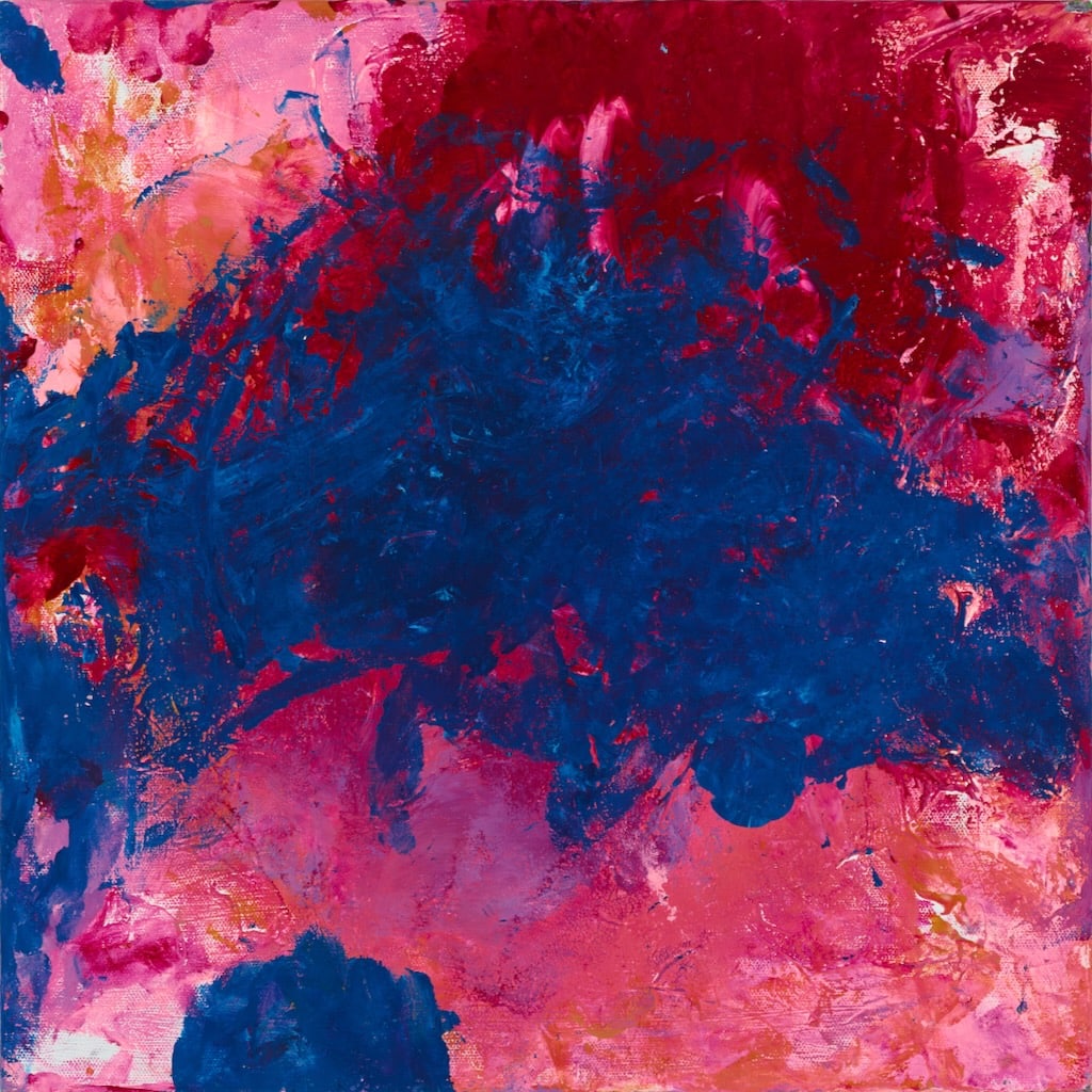 A painting by the artist India O'Sullivan. A square canvas covered with acrylic paint. Deep blue and bright pink create an abstract piece.