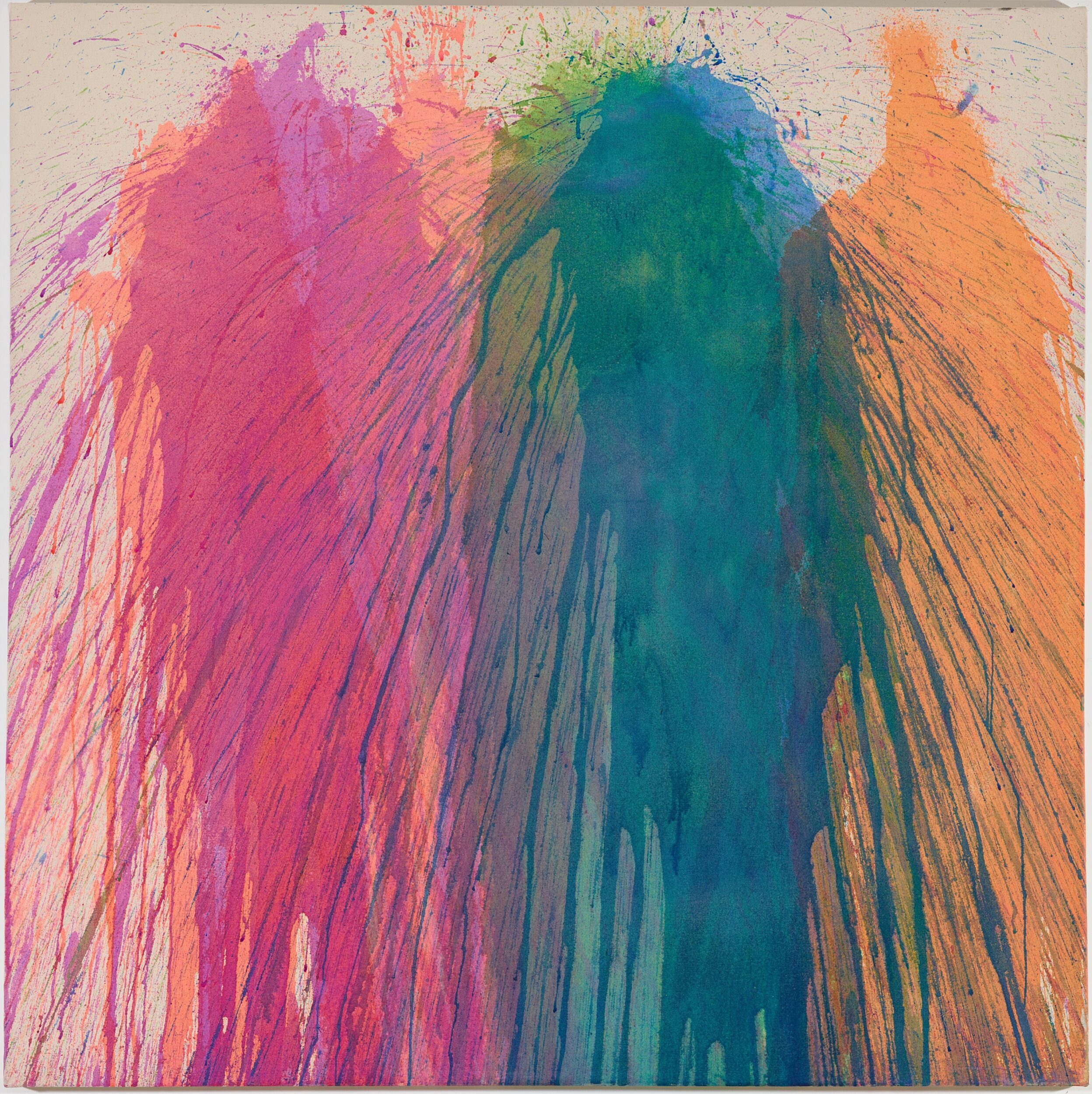 A painting by the artist Sam Smith. A square canvas with four explosions of colour in orange, green, a light pink and dark pink. The canvas looks like the paint has been thrown at the canvas with force.