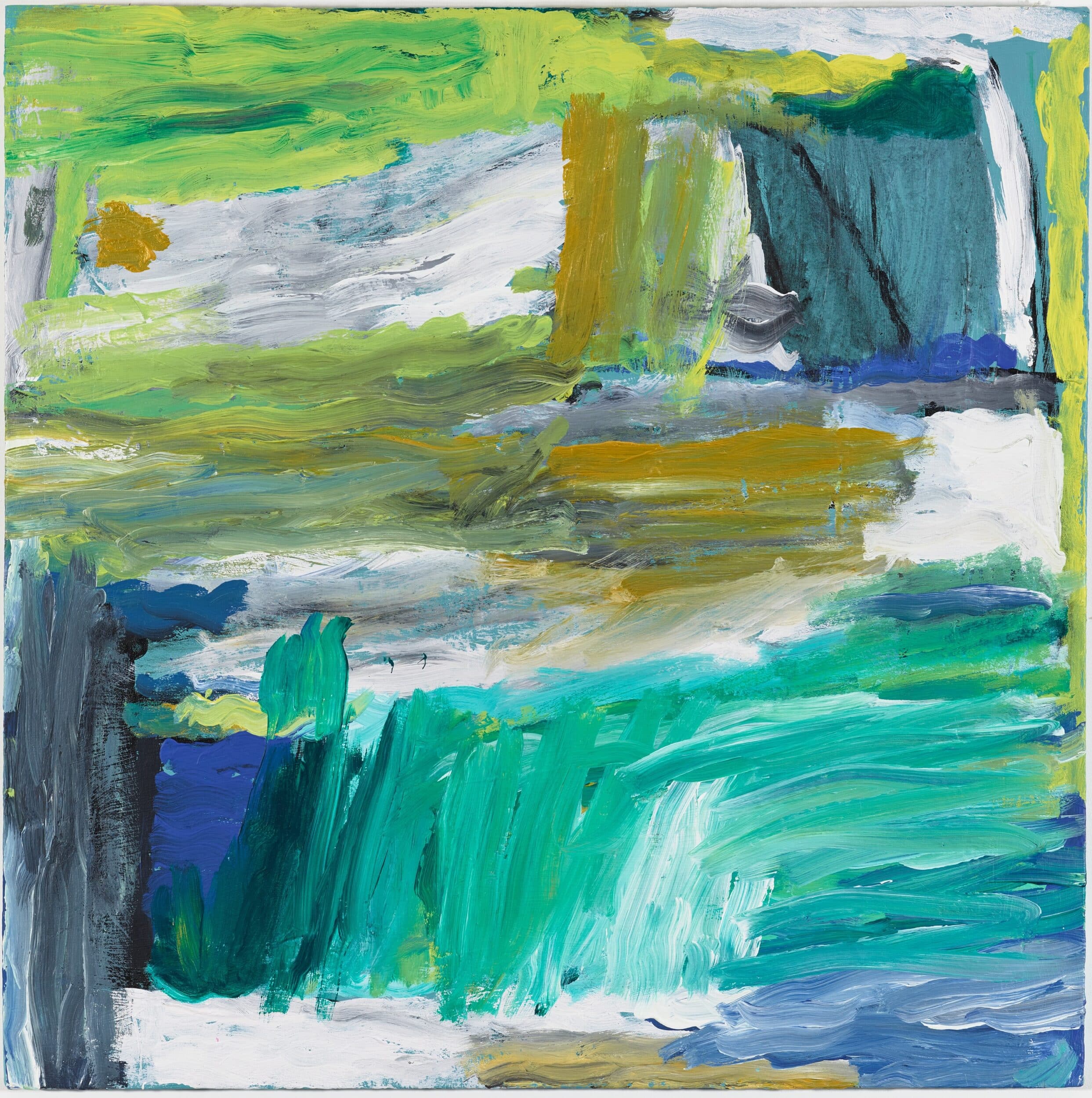 A painting by the artist Stanley Ellis. A square canvas covered with acrylic paint. The paint is applied in purposeful brush strokes moving mostly up and down, left to right and back again.