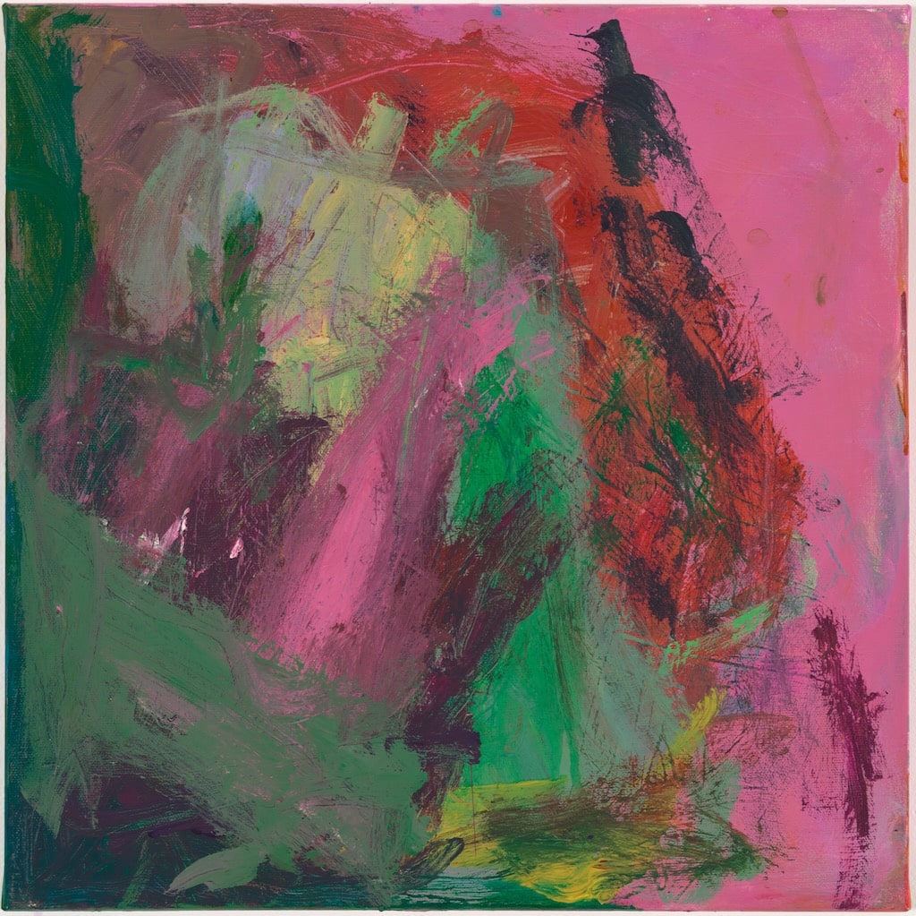 A painting by the artist George Smith. A square canvas covered with acrylic paint. Using broad strokes of pink, green, red and yellow .