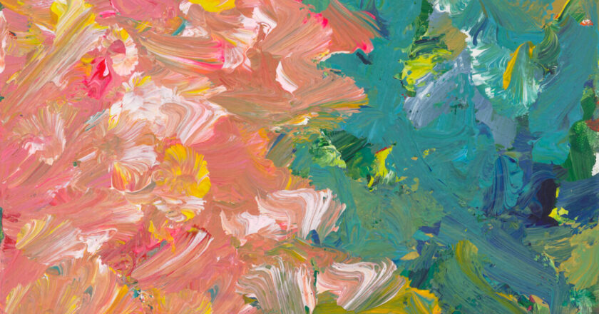 A repetition of pink marks sit on the left side of the canvas and green and blue marks to the right. They give a feeling of petals.