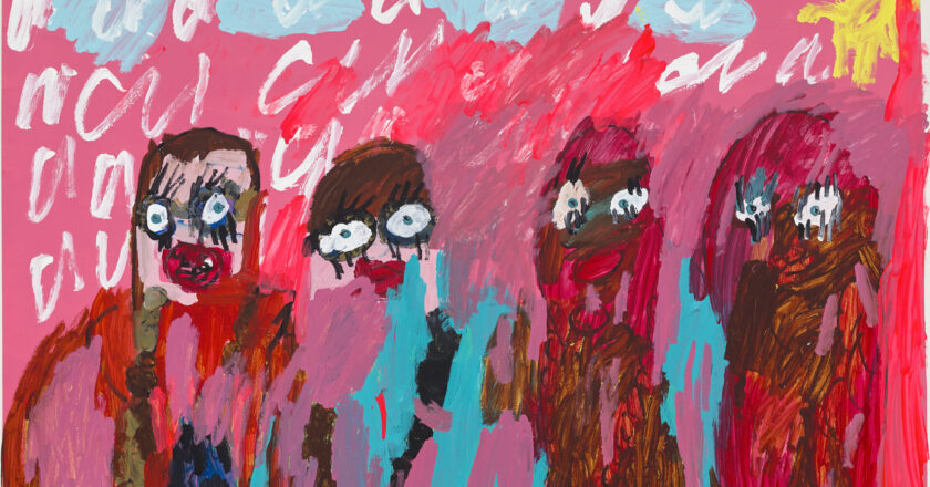 A painting of four people standing in a row.