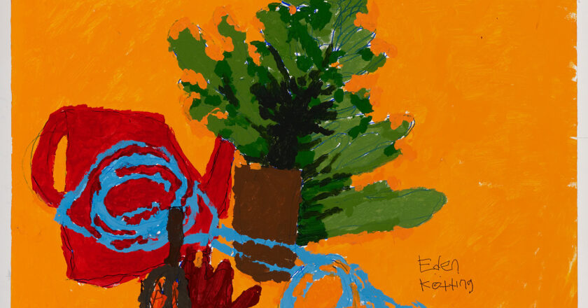 A painting of a plant and red watering can by Eden Kötting.